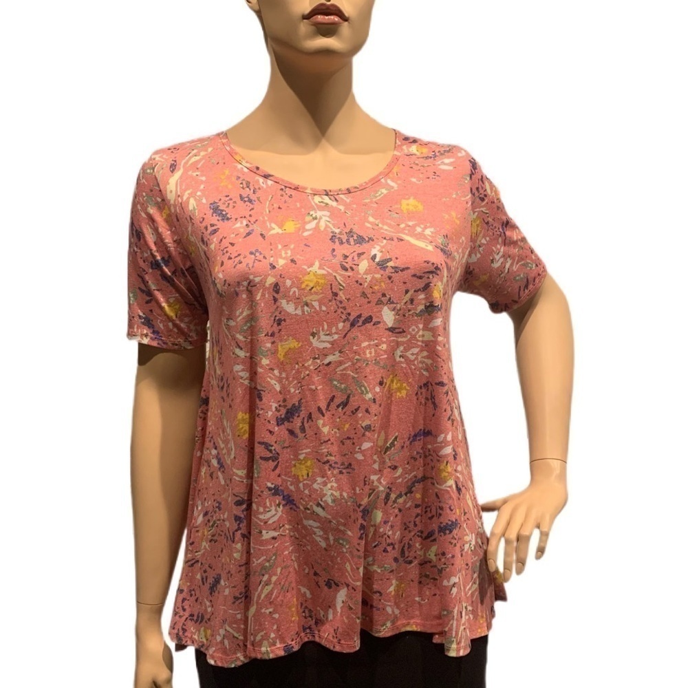 LulaRoe Simply Comfortable Tee Size XL Pink Blue White Splatter Pattern Popover